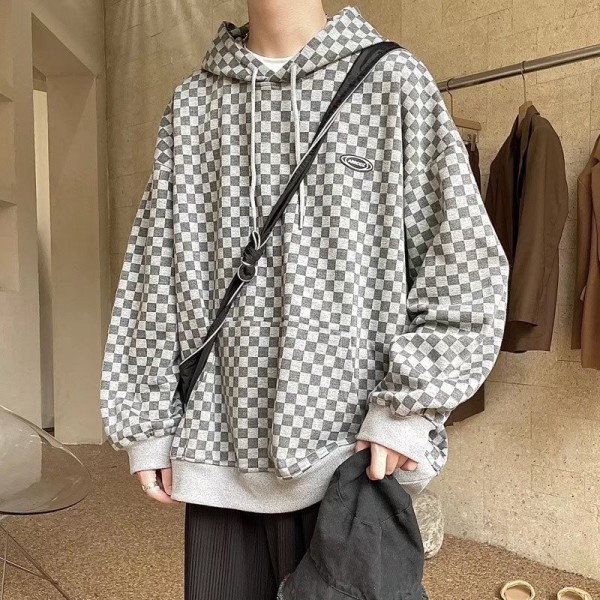 Men Casual Hooded Plaid Loose Long Sleeve Sweatshirt