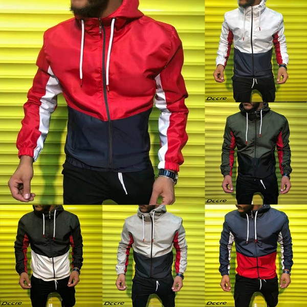 Men Fashion Casual Patchwork Colorblock Hooded Waterproof Jacket