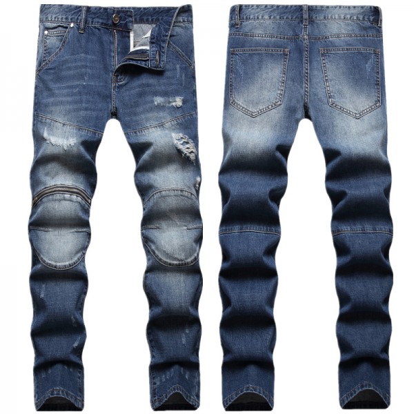 Men Fashion Zipper Ripped Slim Fit Jeans