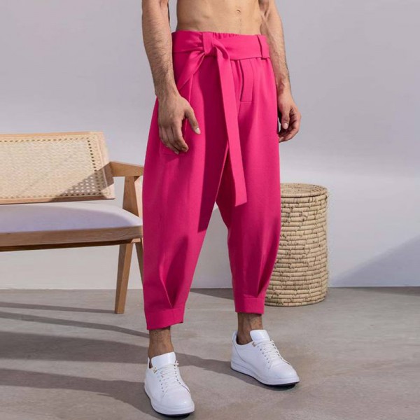 Men Fashion Solid Color Belted Trousers