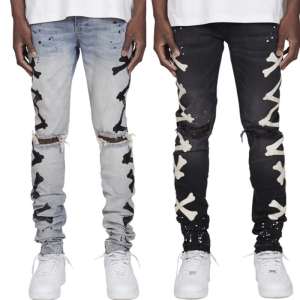 Men Fashion Ripped Print Stretch Denim Jeans