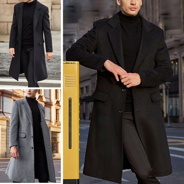 Men Fashion Solid Color Lapel Long Double-Faced Woolen Coat