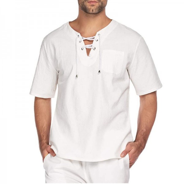 Men Casual V-Neck Short-Sleeved Solid Color Cotton And Linen T-Shirt