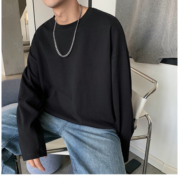 Men Casual Commuter Basic Solid Color Long Sleeve Round Neck Plus Size T-Shirt