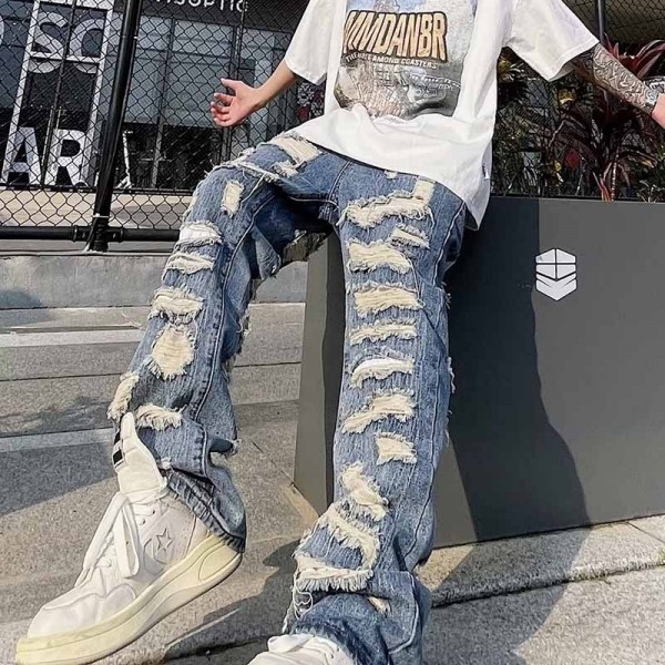 Men Fashion Casual Retro Hip Hop Plus Size Elastic Force Ripped Jeans