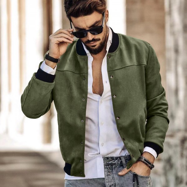 Men Fashion Casual Suede Solid Color Long Sleeve Stand Collar Jacket