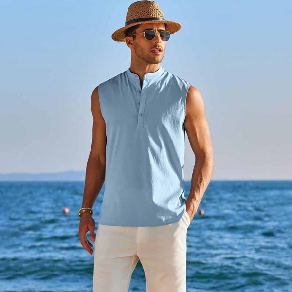 Men Fashion Casual Basic Solid Color Sleeveless Stand Collar T-Shirt