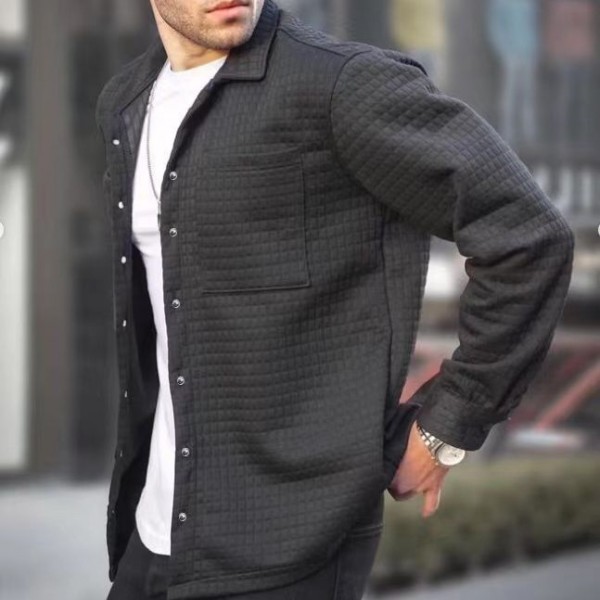 Men Fashion Casual Basic Solid Color Plaid Long Sleeve Lapel Shacket